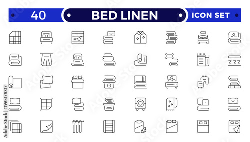 Bed Linen outline Icon Set with Blanket, Pillow, Sheet, Towel, and Duvet Symbols. Soft Cotton Textile Outline Icons for Hotel, Bedroom, Bathroom, and Home Comfort Design, Modern Vector Illustration