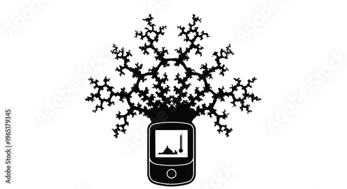 Complex fractal tree emerges from a smartphone displaying data on its screen.