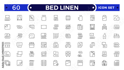 Bed Linen outline Icon Set with Blanket, Pillow, Sheet, Towel, and Duvet Symbols. Soft Cotton Textile Outline Icons for Hotel, Bedroom, Bathroom, and Home Comfort Design, Modern Vector Illustration