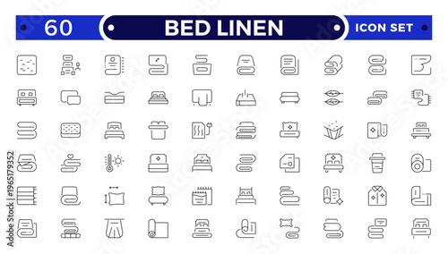 Bed Linen outline Icon Set with Blanket, Pillow, Sheet, Towel, and Duvet Symbols. Soft Cotton Textile Outline Icons for Hotel, Bedroom, Bathroom, and Home Comfort Design, Modern Vector Illustration