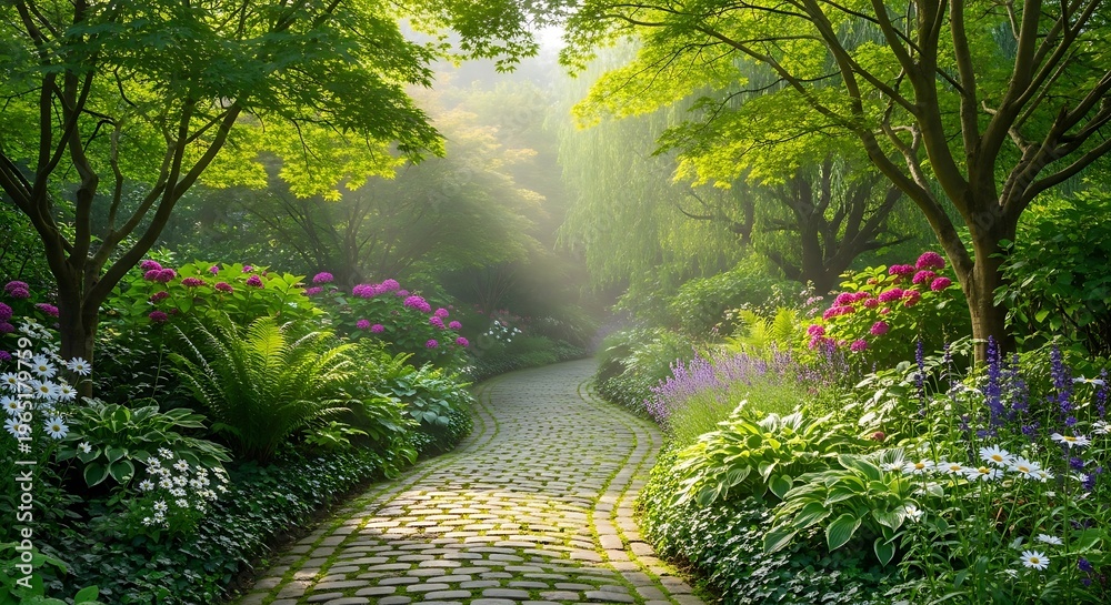 Fototapeta premium Sunlit Pathway Through Lush Garden - A Serene Nature Scene.