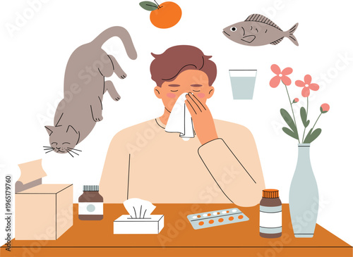 Common allergy triggers and symptoms vector illustration, man sneezing into a tissue with floating icons of a cat, fish, orange, and flowers, isolated on white background