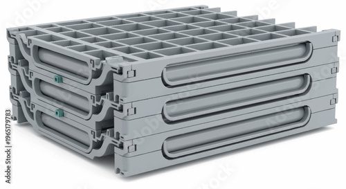 Stack of gray plastic pallets isolated.