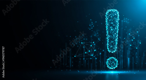 3D-rendered glowing blue exclamation mark in a high-tech digital network, symbolizing urgency, innovation, and connectivity in tech.
