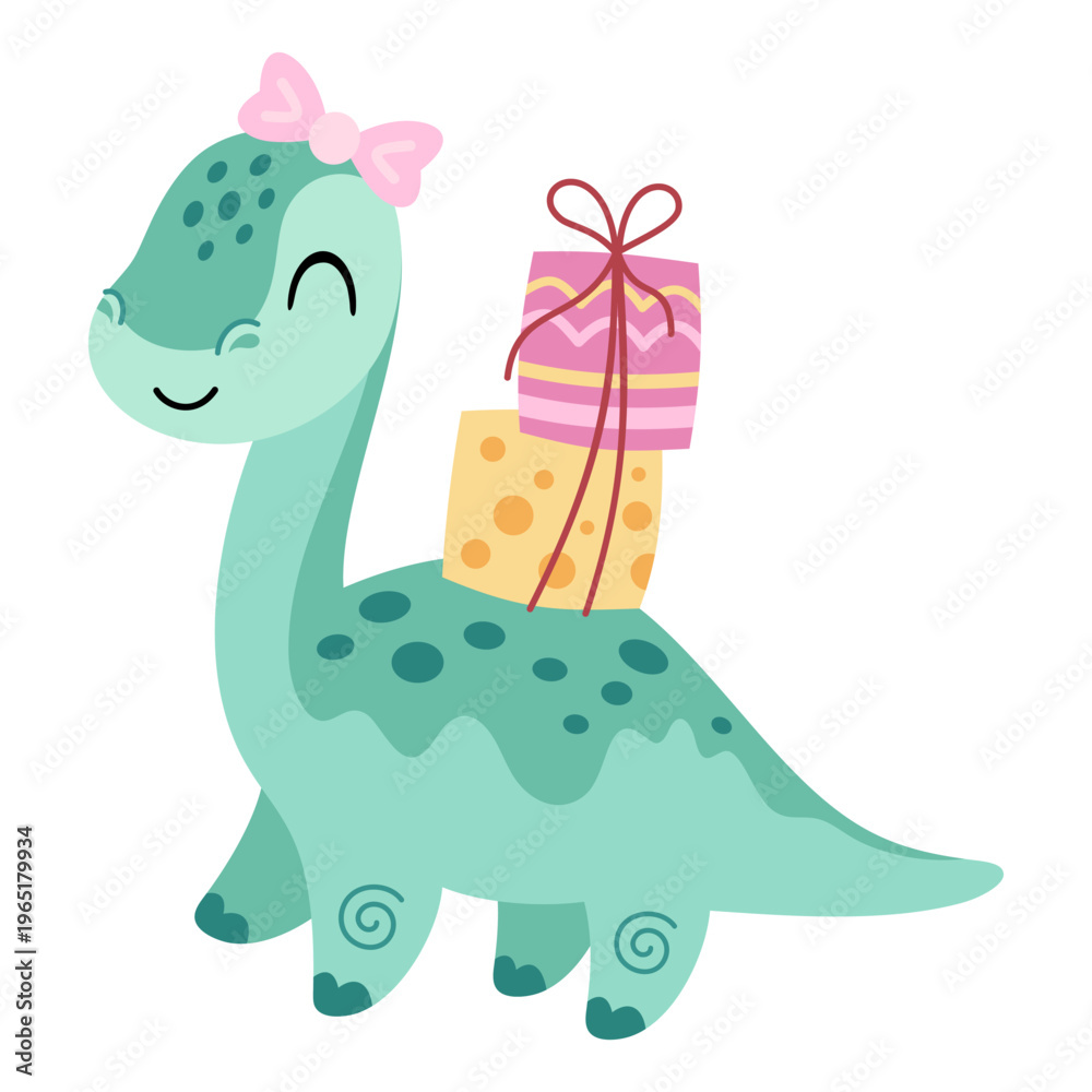 Obraz premium Cute Dinosaur Birthday Girl with Gifts. Cartoon Festive Character Image, Jurassic Animal Vector Illustration