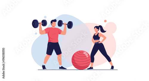 Couple of fitness enthusiasts working out in a gym where the man lifts heavy dumbbells and the woman poses with an exercise ball.