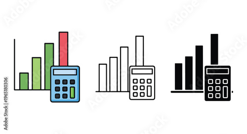 Calculator icon set with bar chart graph - Minimalist, flat icon, outline, glyph, linear, clipart, sticker - icon set