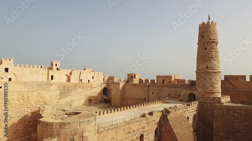 Monastir in Tunisia is an ancient city and popular tourist destination on Mediterranean Sea. Landscape view of main fortress of city 