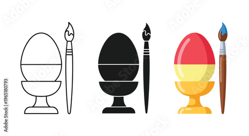 Soft boiled egg in cup with brush set - Solid vector icons  - Clipart, sticker - icon set