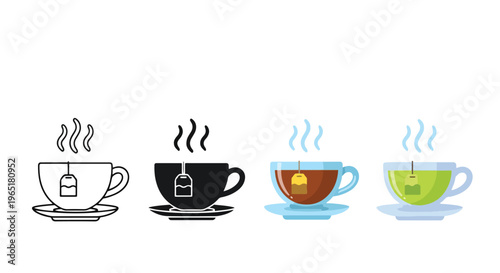 Tea cup icons with tea bag and steam set - Blue icon set - Modern style icon  - Glyph and solid icon set - Icon vector