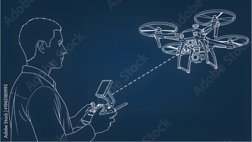 Drone operator silhouette, technical AutoCAD blueprint, person controlling drone, 3D layout, aerial device illustration, human figure plan