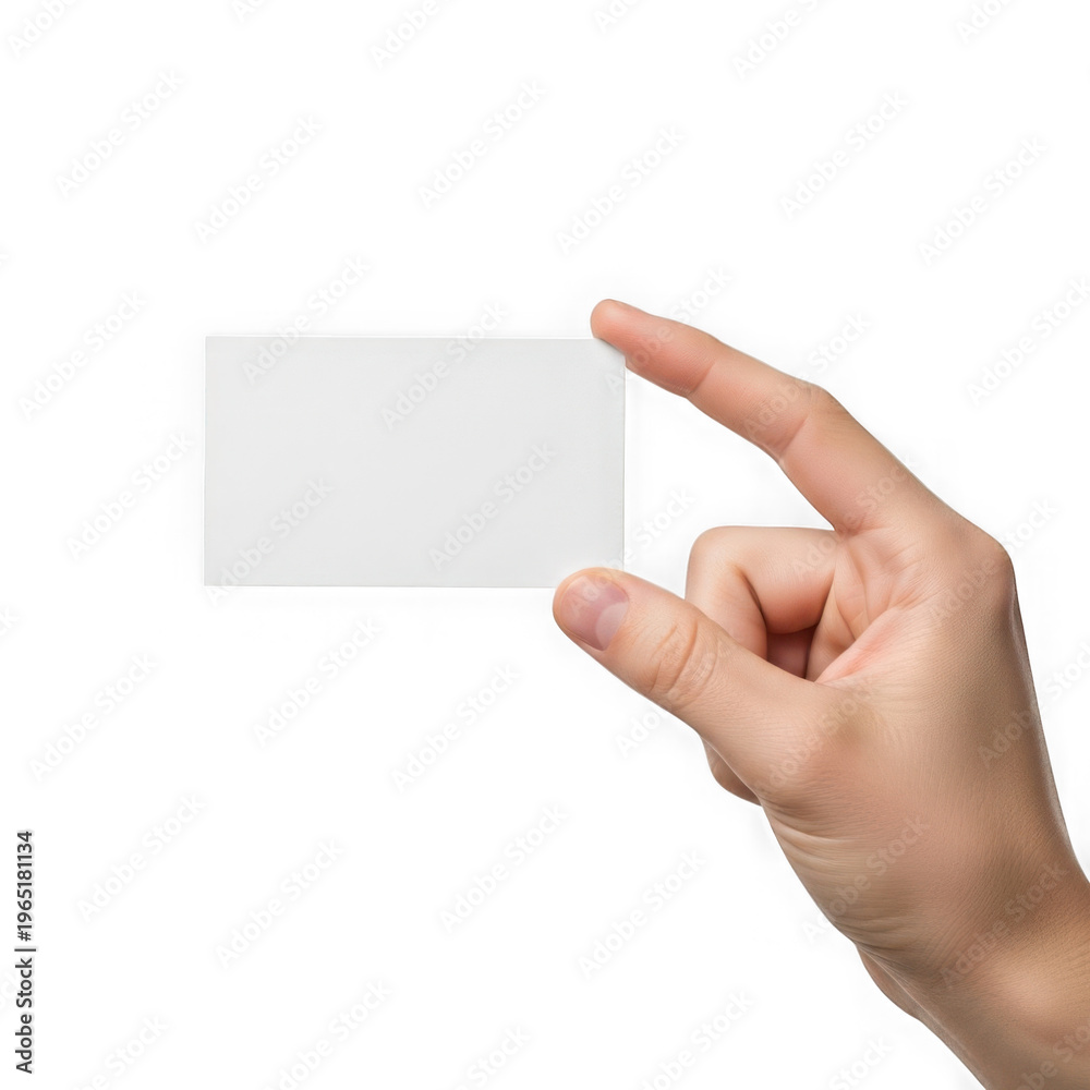 Obraz premium A hand holding a blank white business card isolated on transparent background