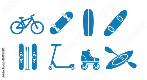 Outdoor sports and recreational equipment blue silhouette icons set, clean flat vector icons of camping, hiking, and outdoor sports gear for recreation, fitness, and nature-themed design use.