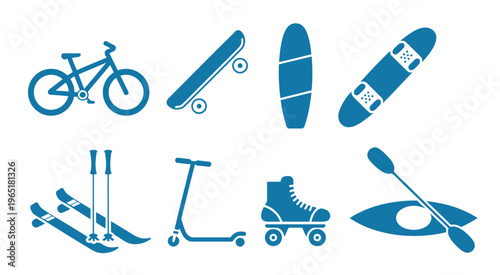 Outdoor sports and recreational equipment blue silhouette icons set, flat vector collection including tent, backpack, bicycle, kayak, and other adventure gear for camping, hiking, and outdoor activity