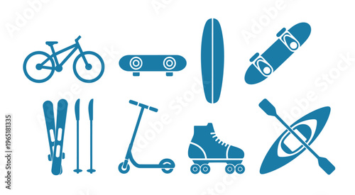 Outdoor sports and recreational equipment blue silhouette icons set, minimal vector illustrations of sports and recreation tools for adventure, travel, and leisure activity graphics.