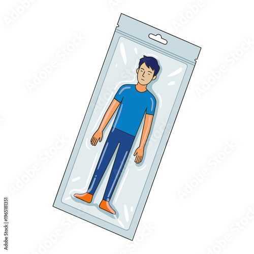 A man in blue clothes is packaged in a plastic wrapper for protection.
