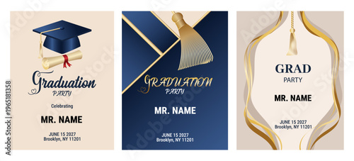Three different graduation party invitation card designs featuring a cap and tassel illustration