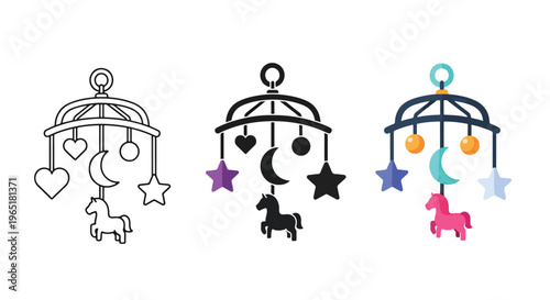 Baby crib mobile with hanging toys - Editable line icons. Vector illustration - Glyph and solid icon set - Icon vector