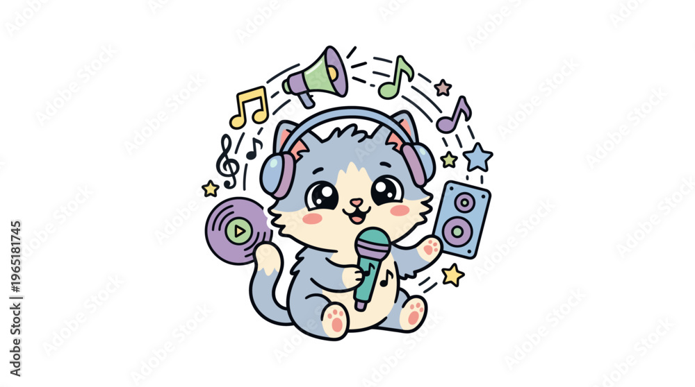 Fototapeta premium Cute Cartoon Cat Enjoying Music with Headphones