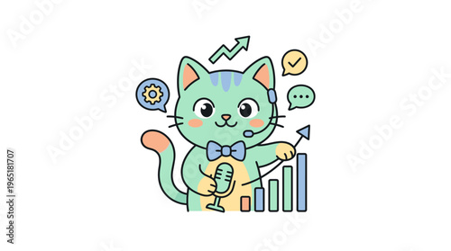 Cute Cartoon Cat with Headset and Growth Indicators