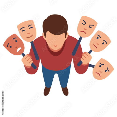 Man holding multiple emotion masks in hands standing alone indoors