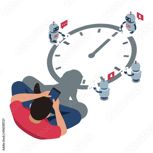 Person sitting with robots around a large clock on floor