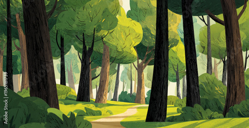 Lush Green Forest Path Illuminated By Bright Sunlight For Nature And Outdoor Adventure Concepts