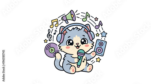 Cute Cartoon Cat Enjoying Music with Headphones