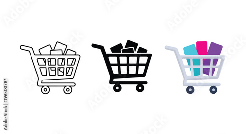 Shopping cart icon set in three variations - Minimalist, flat icon, outline, glyph, linear, clipart, sticker - icon set