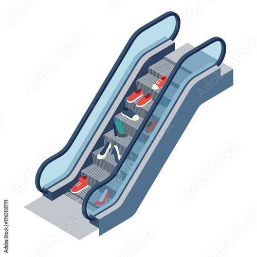 People ride escalators with various shoes in a public area indoors