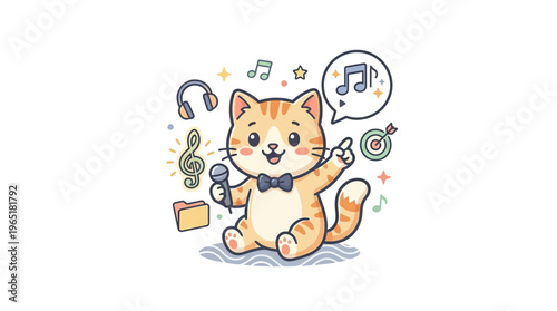 Cute Cartoon Cat Singing with Musical Elements