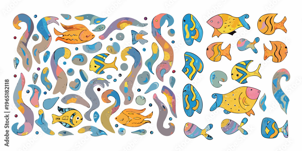 Obraz premium Colorful doodle style fish and abstract shapes create a vibrant pattern