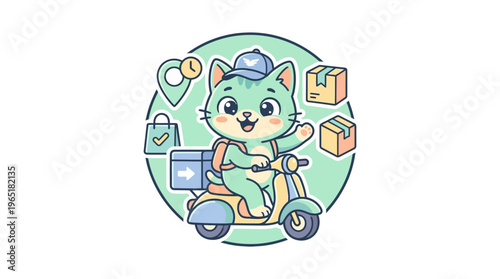 Cute Cat Courier Delivering Packages on a Scooter