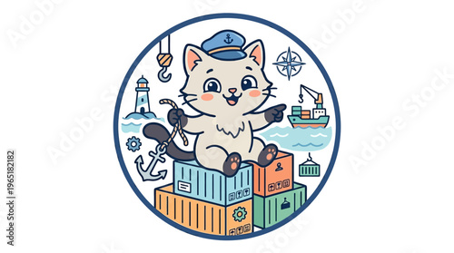 Cute Cartoon Cat Sailor on Cargo Containers