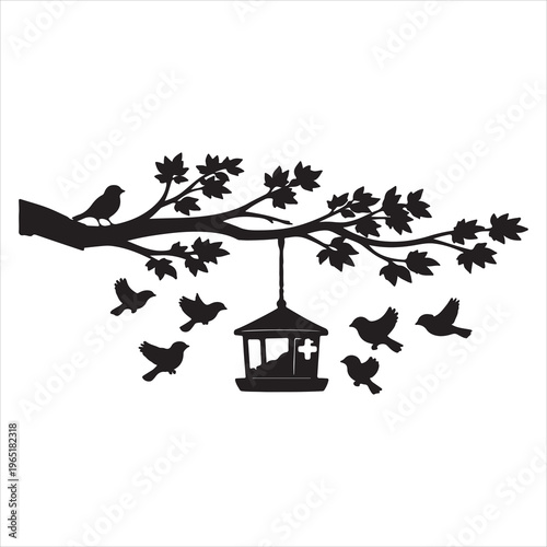 Silhouette of a bird feeder with birds