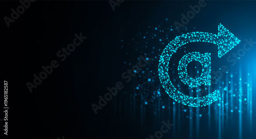 High-tech email symbol composed of bright blue digital particles with a forward arrow, set against a dark futuristic backdrop.