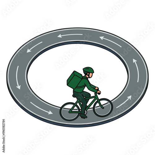 A delivery person rides a bicycle on a circular road with arrows.