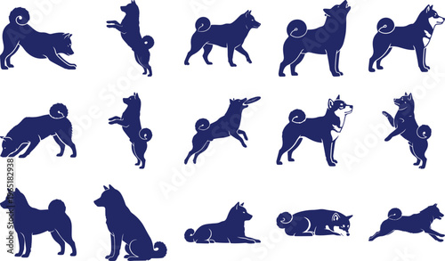 Blue Shiba Inu Silhouettes in Various Poses white background