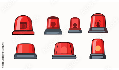 Red siren light cartoon vector set with police ambulance and emergency warning alarm icons isolated on white