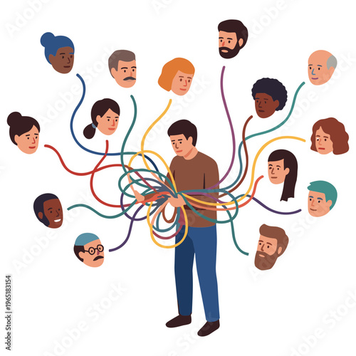A man untangles colorful connections between people in a crowd.