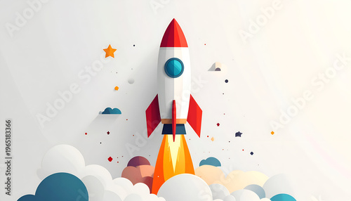 Cartoon rocket launch taking off into the space; paper cut-out illustration style