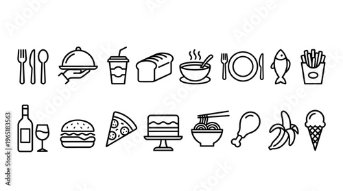 Minimalist black food icons set featuring pizza, burger, cake, noodles, fish, fries, wine, ice cream, bread, dining essentials.