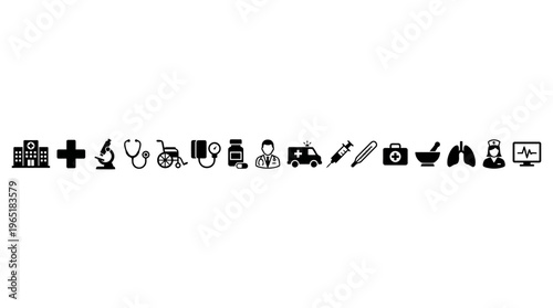 Minimalist black healthcare icons set featuring hospital, doctor, nurse, stethoscope, ambulance, syringe, pill, lungs, heart monitor, medical essentials.