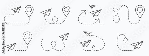 Paper plane flight route outline set, flat editable vector illustration of paper airplanes with flight trajectories, ideal for logistics, messaging, and journey-themed graphics.