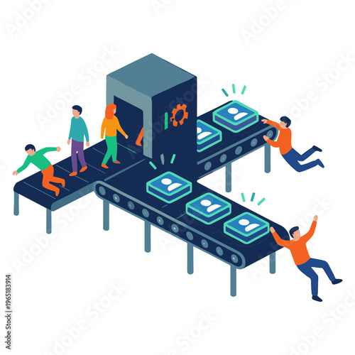 Workers on conveyor belt with boxes in an industrial setting moving quickly