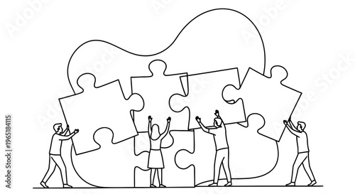 Teamwork concept with people connecting puzzle pieces in a minimalist line art illustration