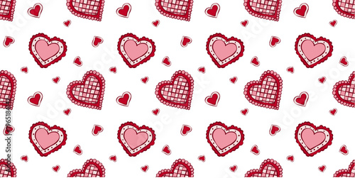 Cute heart lace seamless pattern background. Retro coquette checkered hearts vector illustration. Trendy red girly hearts for Valentines Day banner