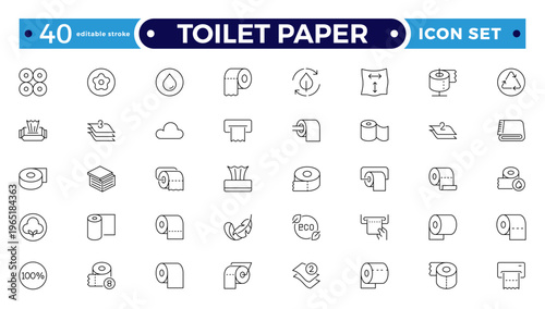 Toilet Paper Tissue Icon Set with Hygiene, Bathroom, Soft Cotton, Biodegradable Wipe, Napkin, and Sanitary Outline icon for Clean, Fresh, and Modern Personal Care. Editable stroke outline icon.
