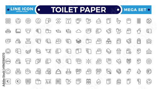 Toilet Paper Tissue Icon Set with Hygiene, Bathroom, Soft Cotton, Biodegradable Wipe, Napkin, and Sanitary Outline icon for Clean, Fresh, and Modern Personal Care. Editable stroke outline icon.
