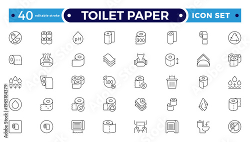 Toilet Paper Tissue Icon Set with Hygiene, Bathroom, Soft Cotton, Biodegradable Wipe, Napkin, and Sanitary Outline icon for Clean, Fresh, and Modern Personal Care. Editable stroke outline icon.
